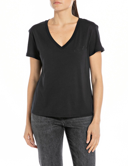 REPLAY V-NECK TSHIRT WITH PRINT - BLACK